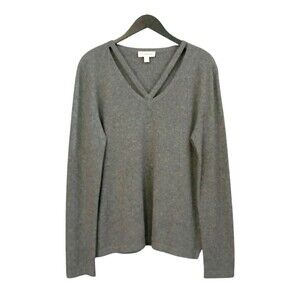 St. John Sport 100% Cashmere Sz. L Cutout Long Sleeve V-neck Sweater Quiet...